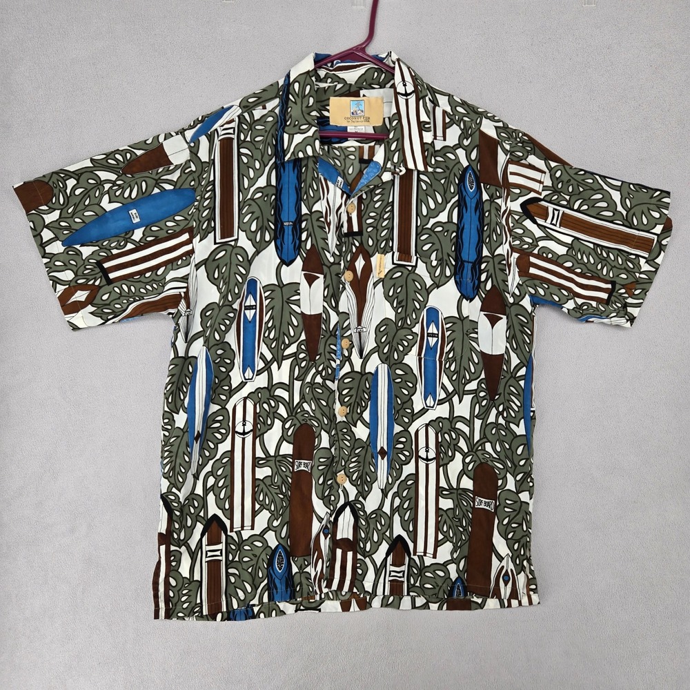 Coconut Pier Mens Medium Short Sleeve Surfboard Tropical Leaf Button Up Shirt